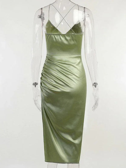 V-Neck Pleated Waist Slit Midi Dress -Guocali