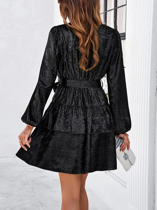 V-Neck Waisted Glossy Mini Dress -Guocali