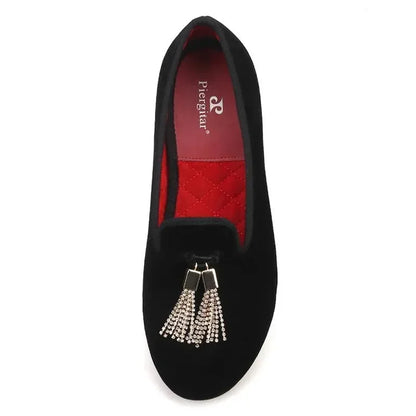Velvet Rhinestone Tassel Wedding Loafers for Women -Guocali