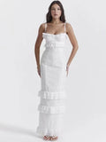 White Hook-and-Loop French Maxi Dress -Guocali