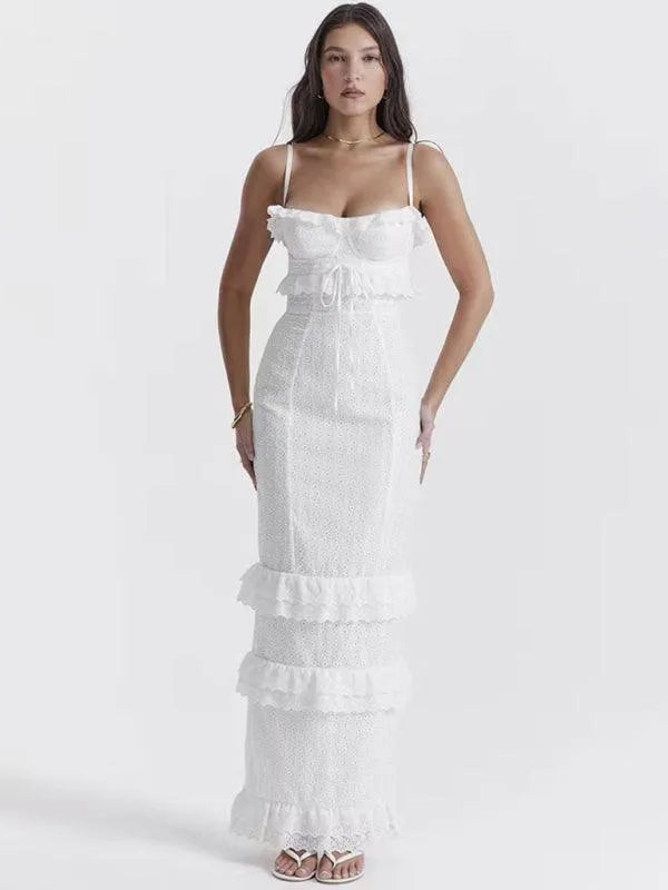 White Hook-and-Loop French Maxi Dress -Guocali