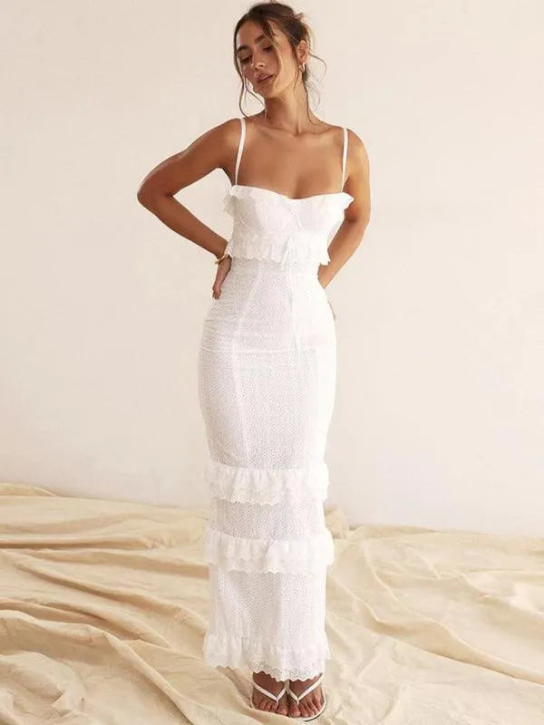 White Hook-and-Loop French Maxi Dress -Guocali