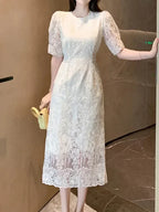 White O-Neck Lace Bubble Sleeve Dress -Guocali