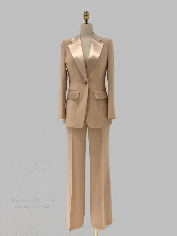 Wide Leg Women Pant Suit - Silk Satin Trouser Suit -Guocali
