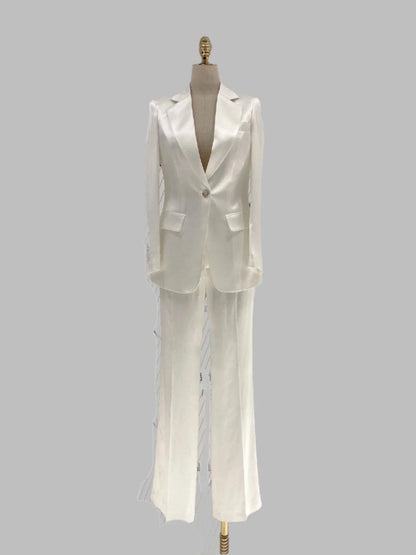 Wide Leg Women Pant Suit - Silk Satin Trouser Suit -Guocali