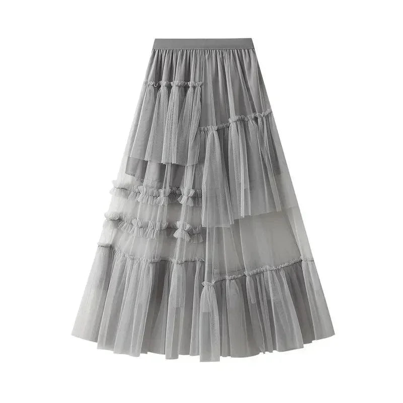 Women A-Line Skirt Asymmetric Mesh - High Waist Midi Women Skirt