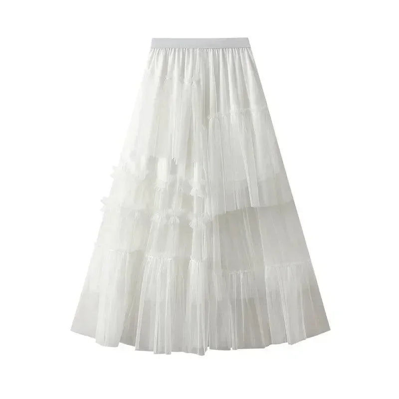 Women A-Line Skirt Asymmetric Mesh - High Waist Midi Women Skirt