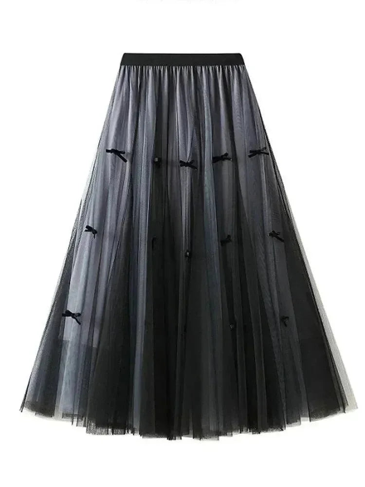 Women A-Line Skirt Bow Mesh - Elastic Midi Women Skirt