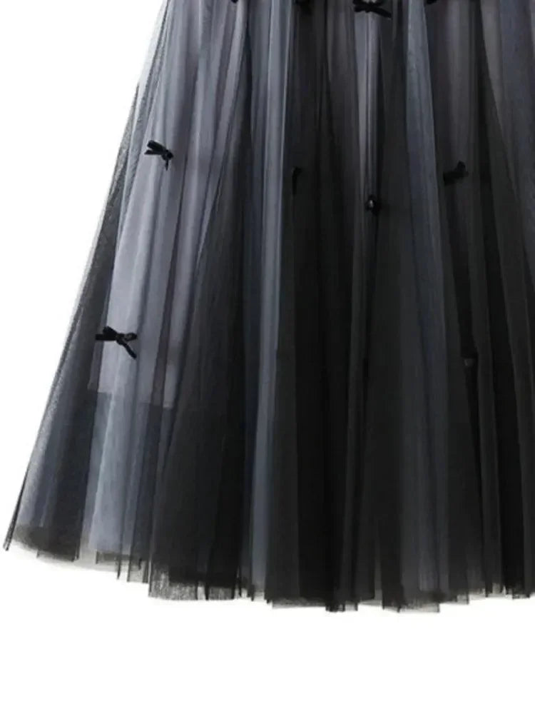 Women A-Line Skirt Bow Mesh - Elastic Midi Women Skirt
