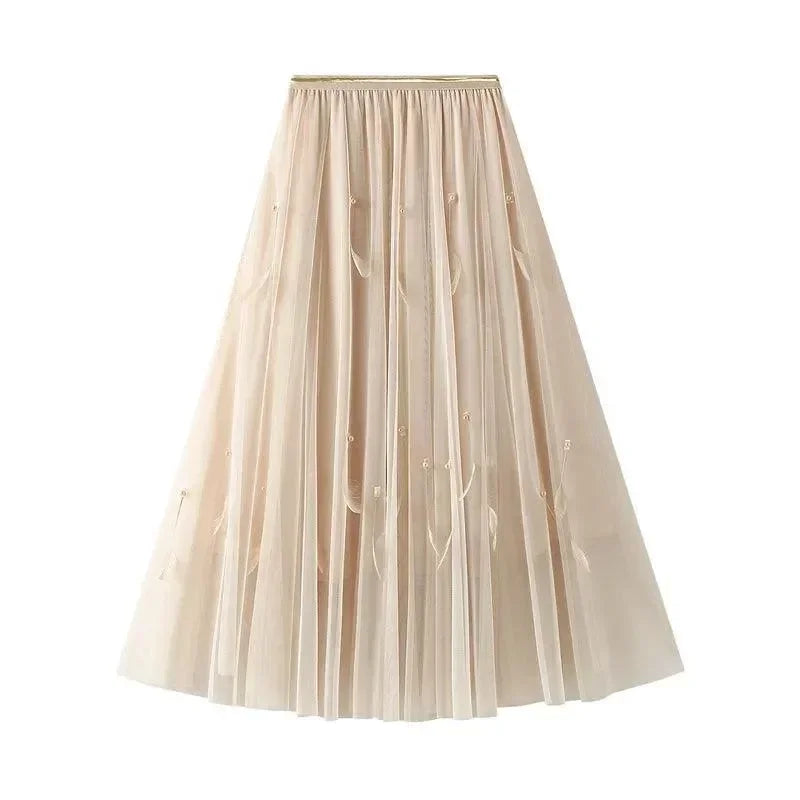 Women A-Line Skirt Feather Detail - High Waist Midi Women Skirt