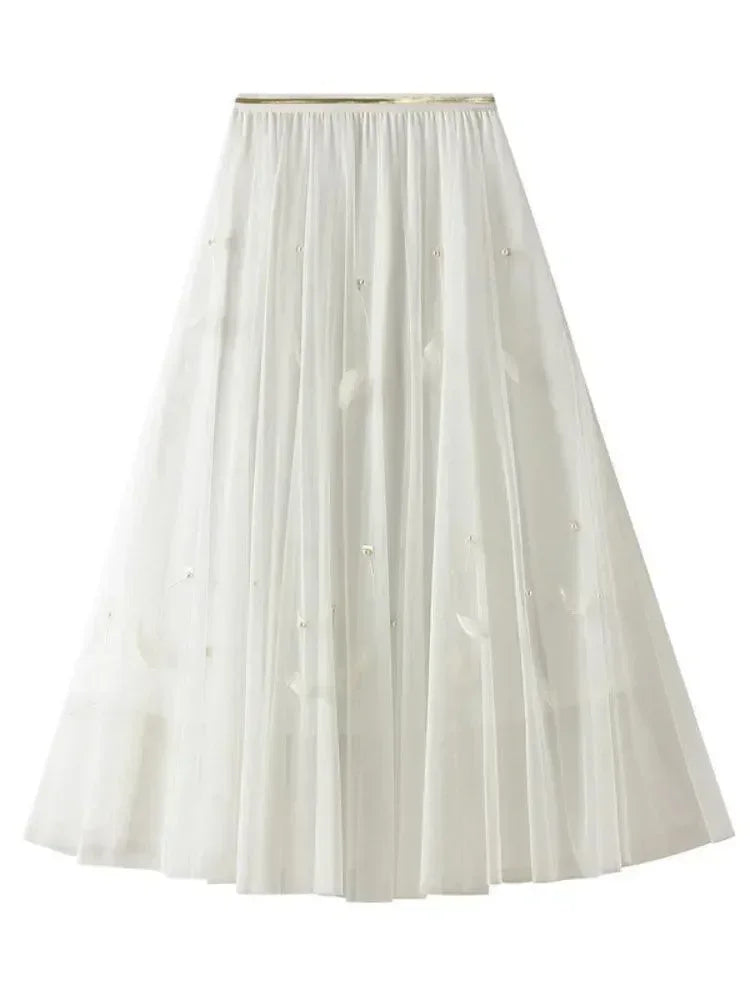 Women A-Line Skirt Feather Detail - High Waist Midi Women Skirt