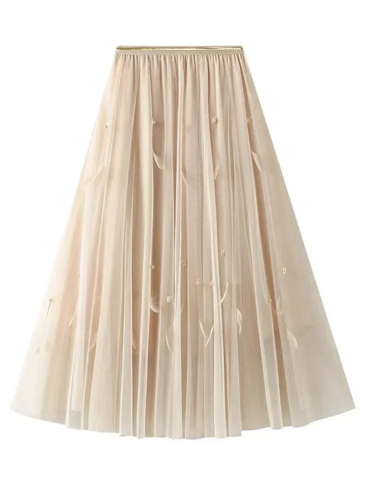 Women A-Line Skirt Feather Detail - High Waist Midi Women Skirt