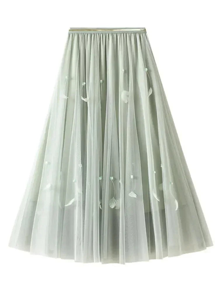 Women A-Line Skirt Feather Detail - High Waist Midi Women Skirt