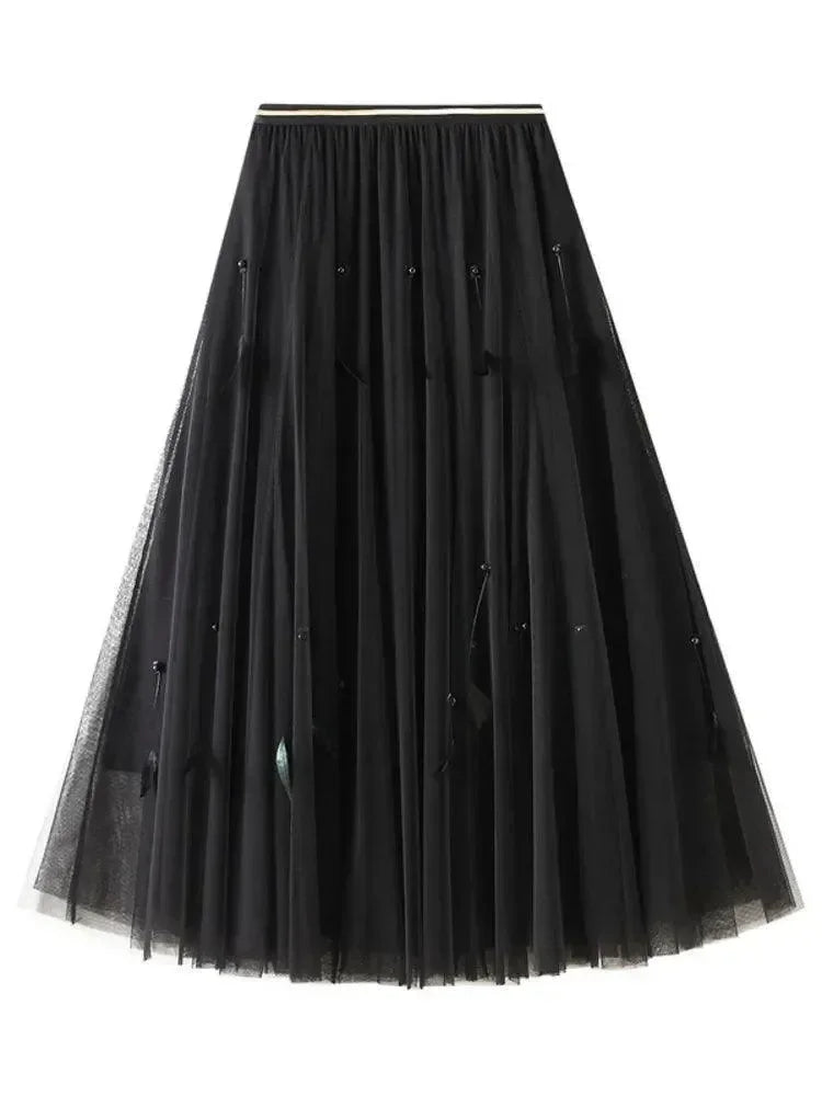 Women A-Line Skirt Feather Detail - High Waist Midi Women Skirt