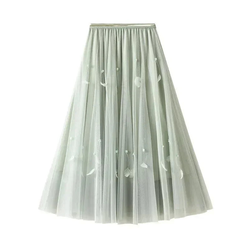 Women A-Line Skirt Feather Detail - High Waist Midi Women Skirt