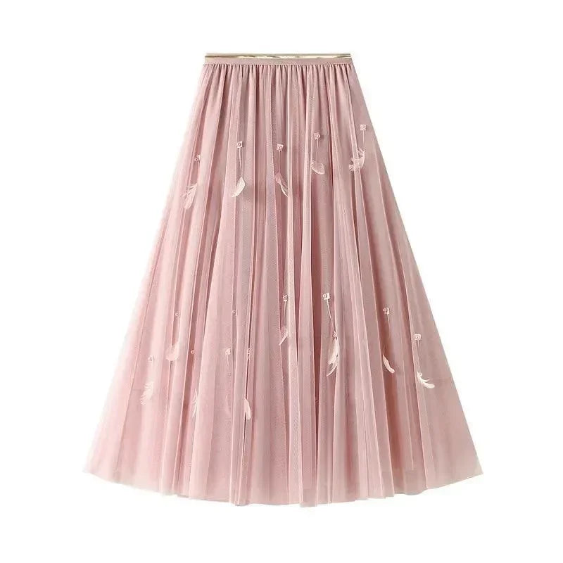 Women A-Line Skirt Feather Detail - High Waist Midi Women Skirt