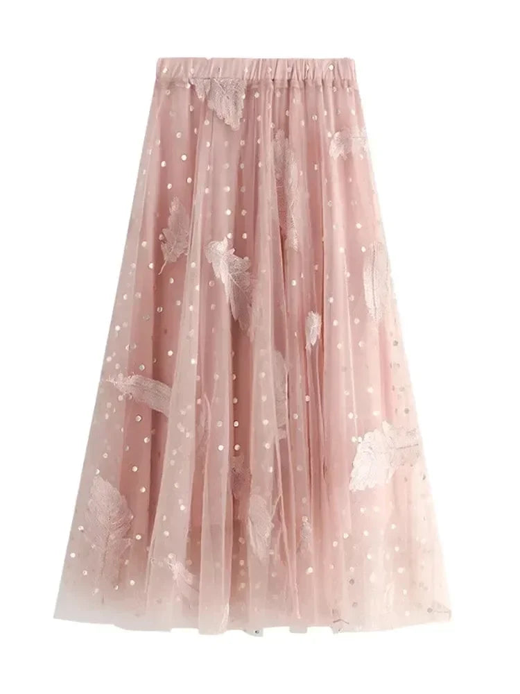 Women A-Line Skirt Feather Embroidery - High Waist Midi Women Skirt