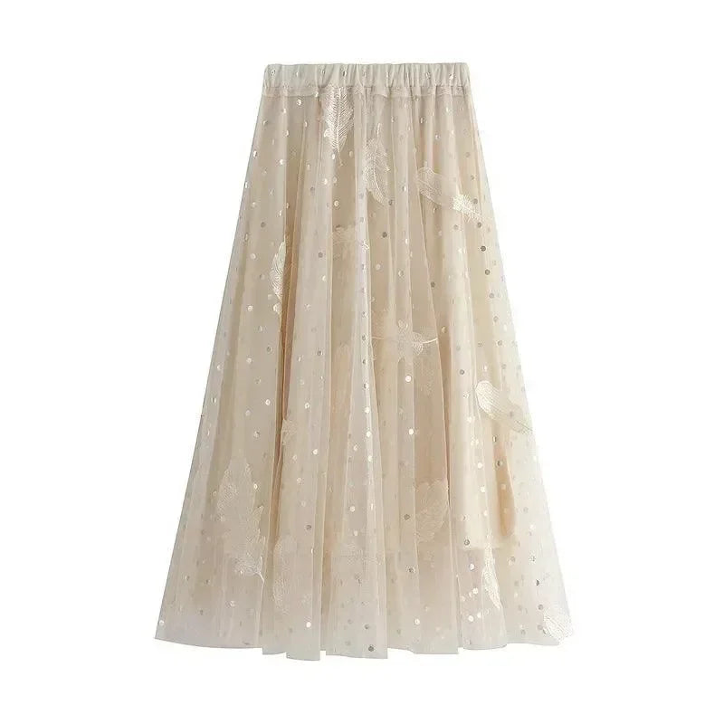 Women A-Line Skirt Feather Embroidery - High Waist Midi Women Skirt