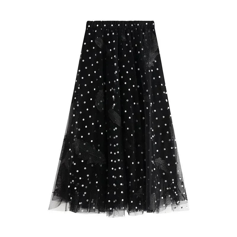 Women A-Line Skirt Feather Embroidery - High Waist Midi Women Skirt