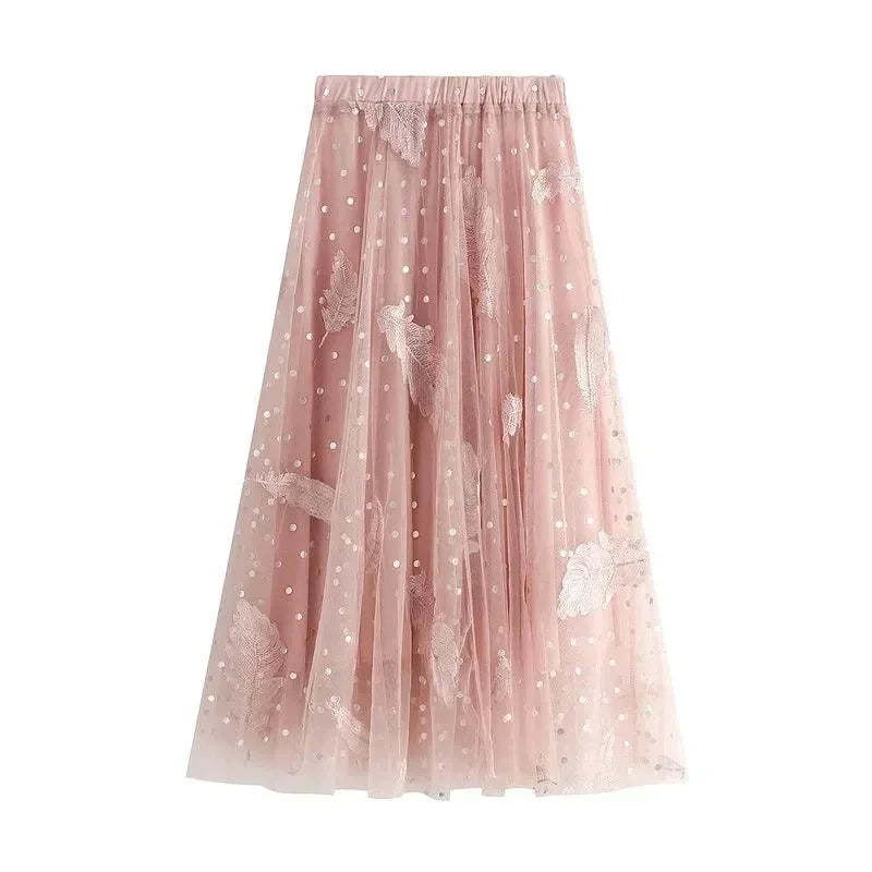 Women A-Line Skirt Feather Embroidery - High Waist Midi Women Skirt