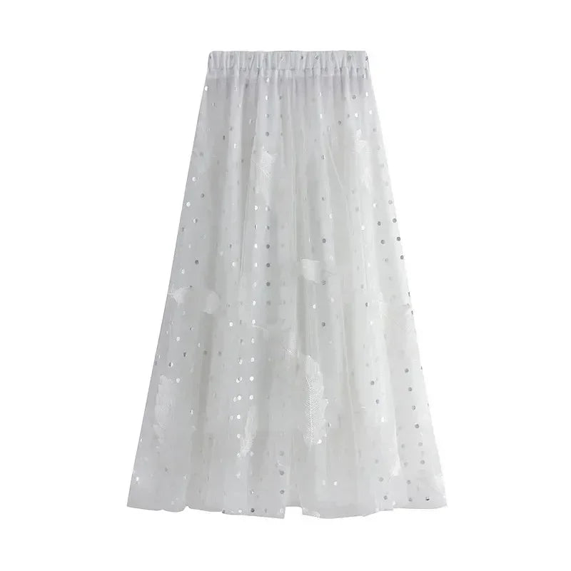 Women A-Line Skirt Feather Embroidery - High Waist Midi Women Skirt