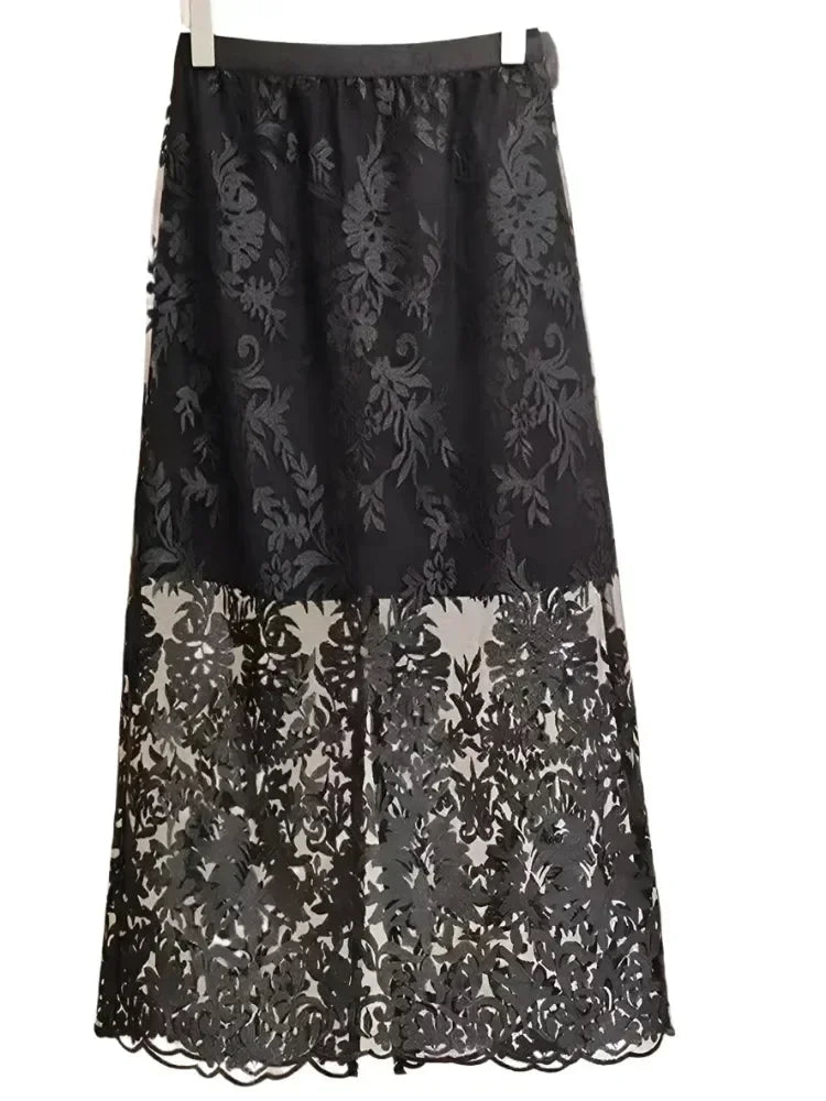 Women A-Line Skirt Lace Embroidered Midi - High Waist Women Skirt