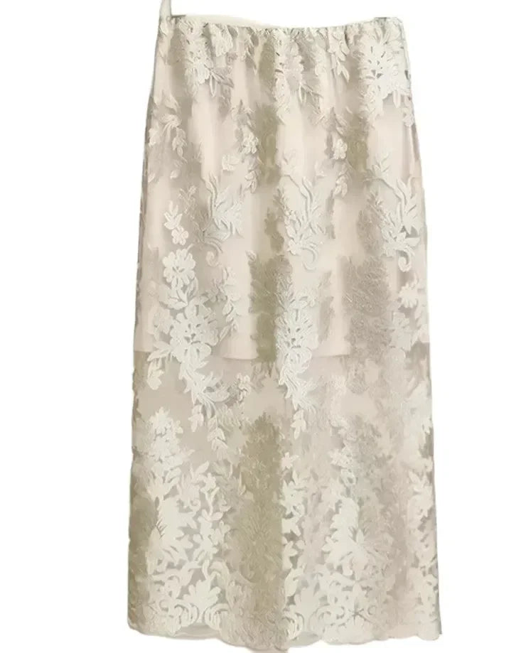 Women A-Line Skirt Lace Embroidered Midi - High Waist Women Skirt