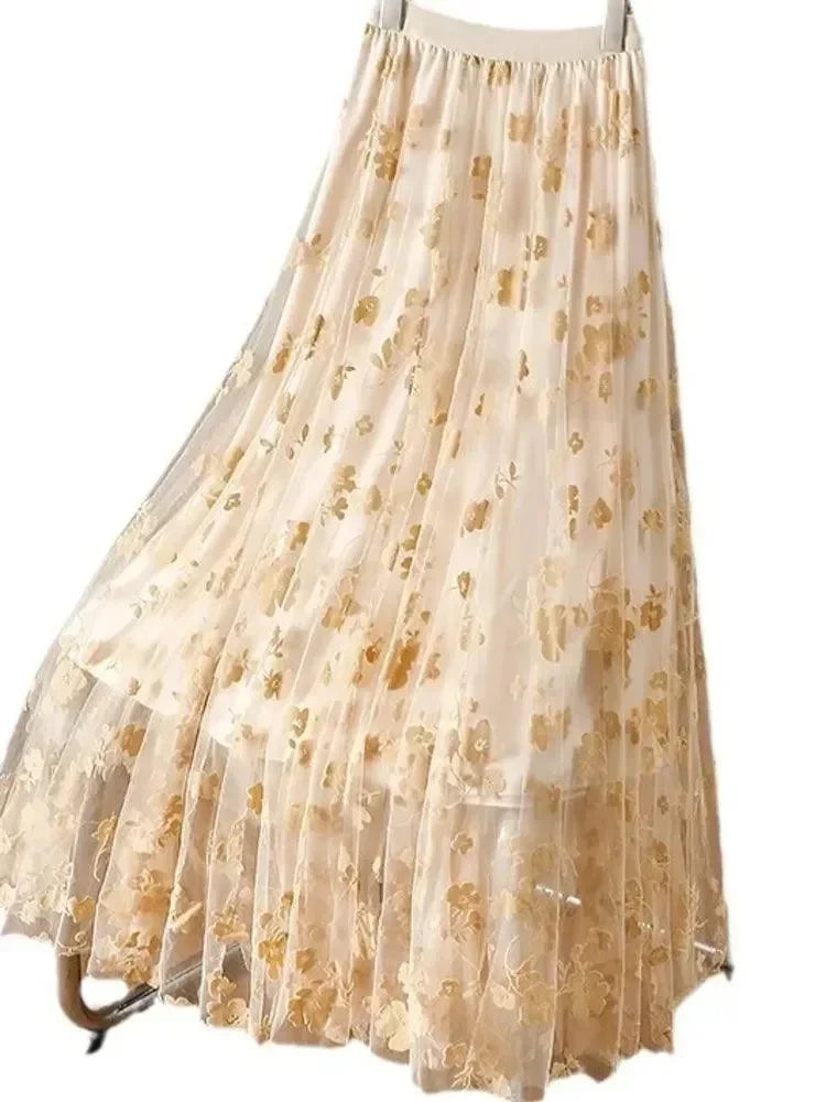 Women A-Line Skirt Mesh Embroidered - High Waist Maxi Women Skirt