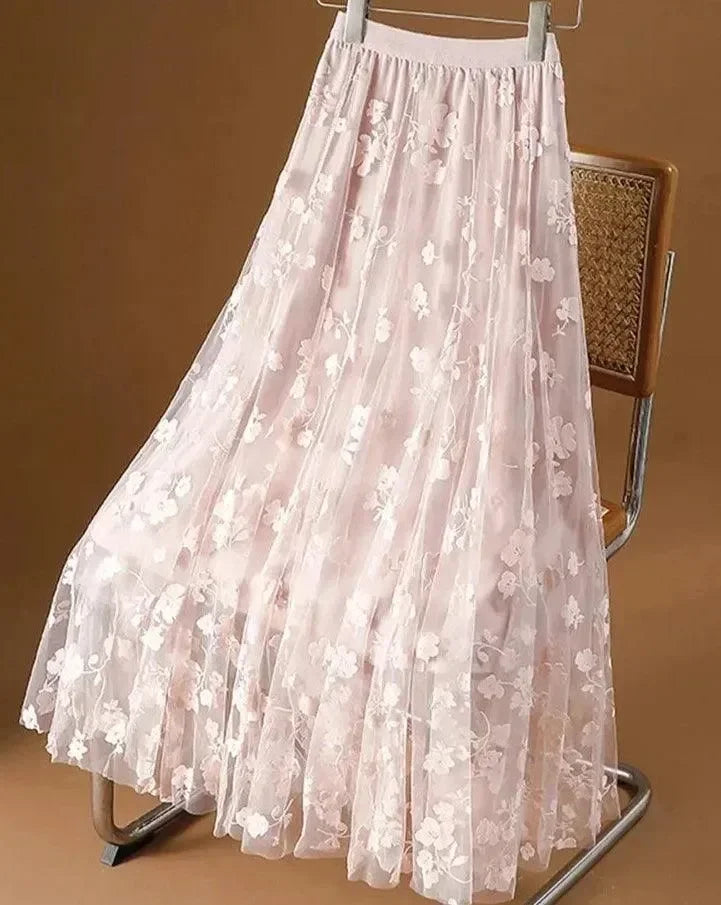 Women A-Line Skirt Mesh Embroidered - High Waist Maxi Women Skirt
