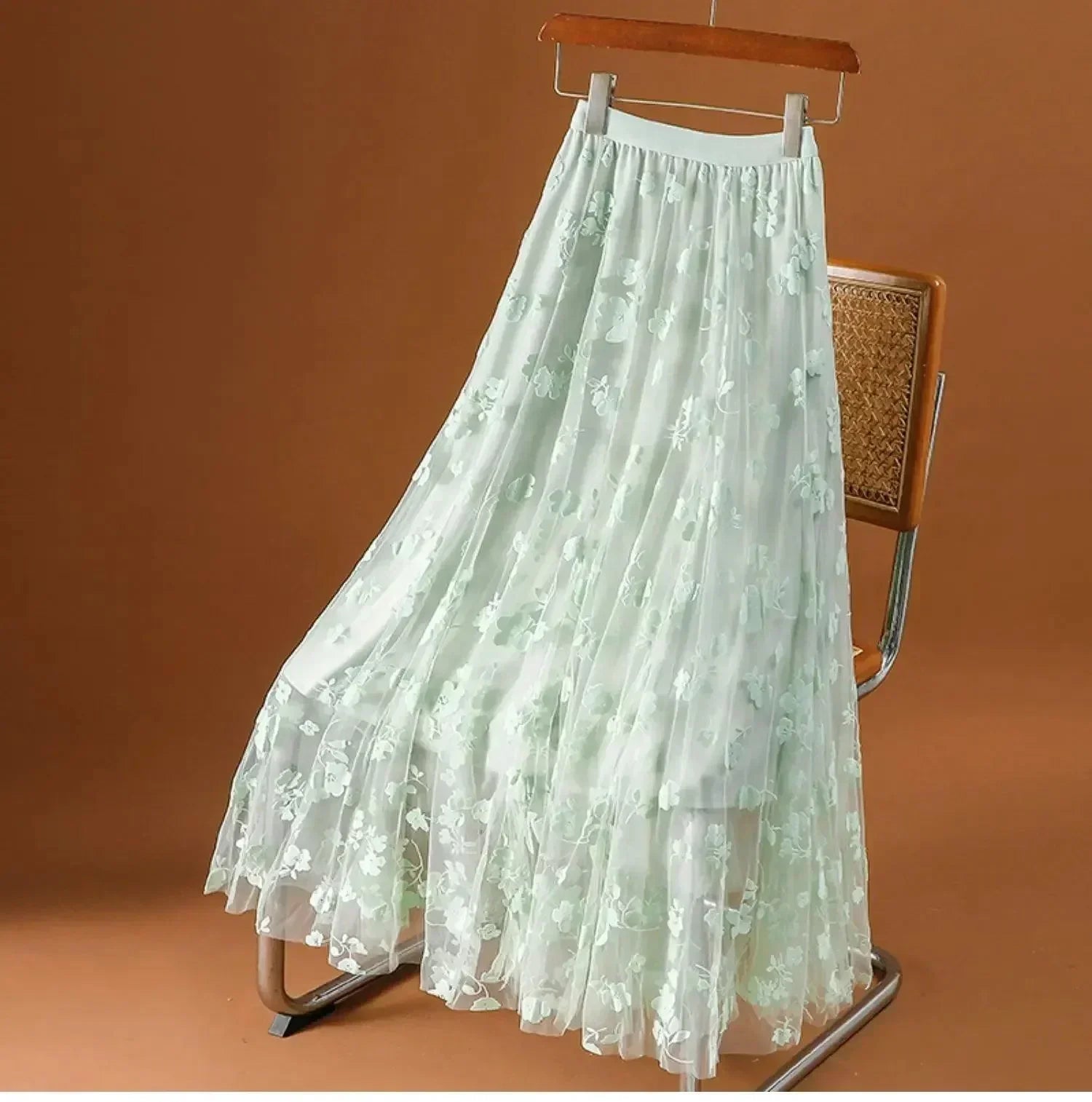 Women A-Line Skirt Mesh Embroidered - High Waist Maxi Women Skirt