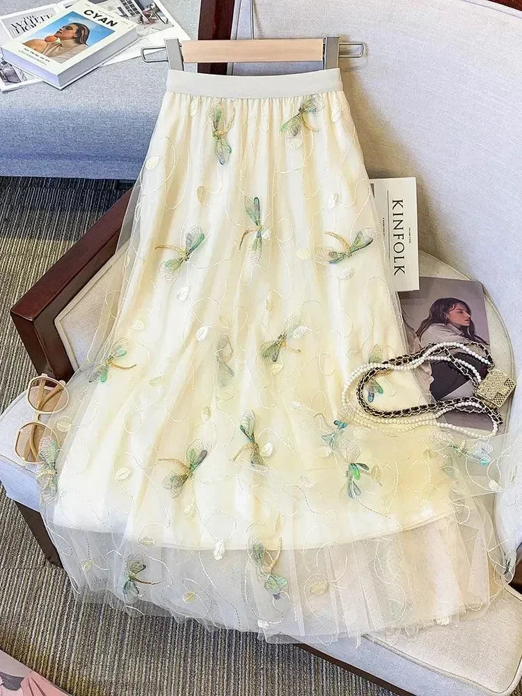 Women A-Line Skirt Mesh Embroidered - High Waist Midi Women Skirt