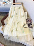 Women A-Line Skirt Mesh Embroidered - High Waist Midi Women Skirt