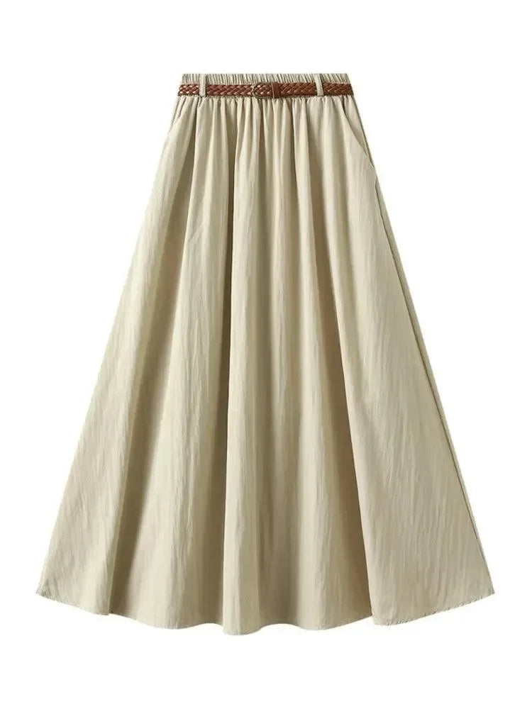 Women A-Line Skirt Minimalist Belt - High Waist Midi Women Skirt