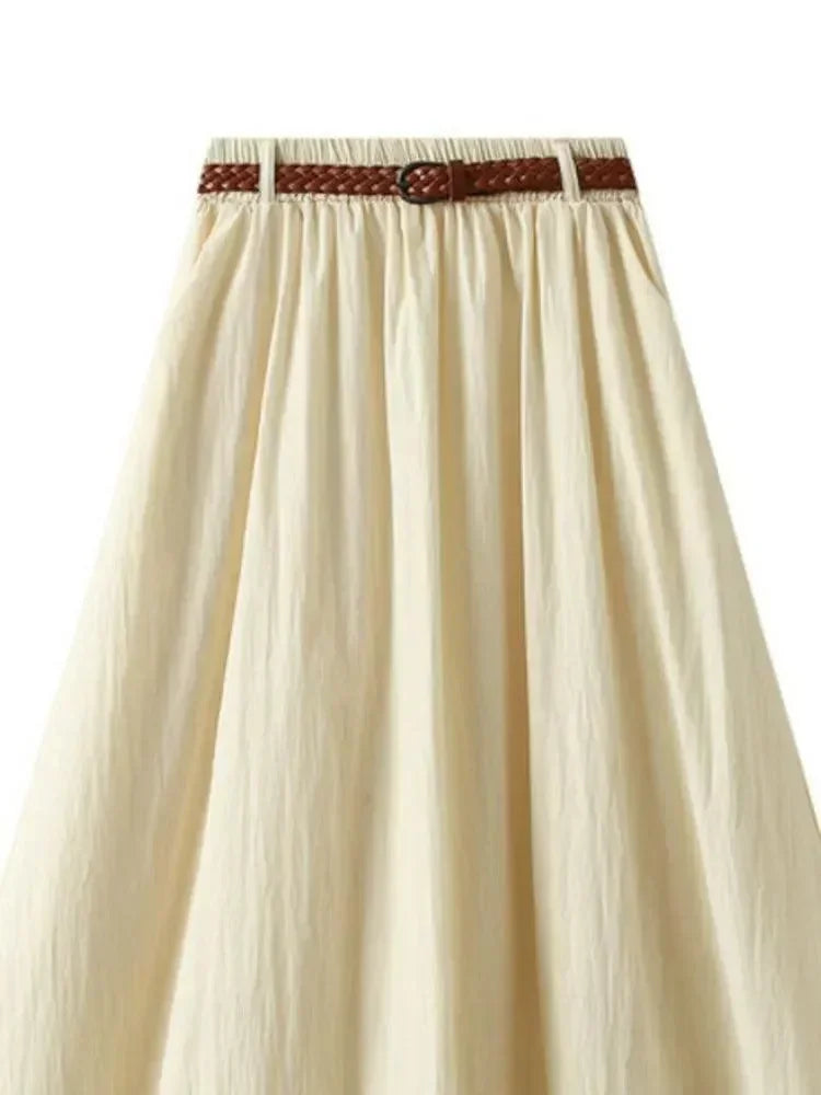 Women A-Line Skirt Minimalist Belt - High Waist Midi Women Skirt