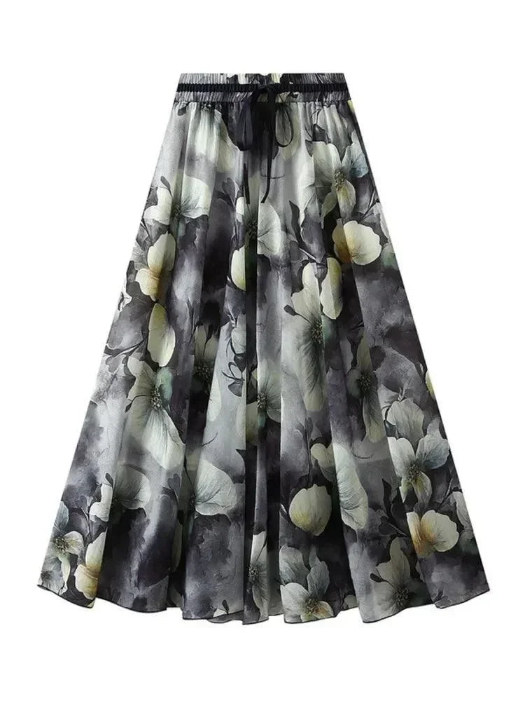 Women A-Line Skirt Print Lace-Up - Elastic Midi Women Skirt