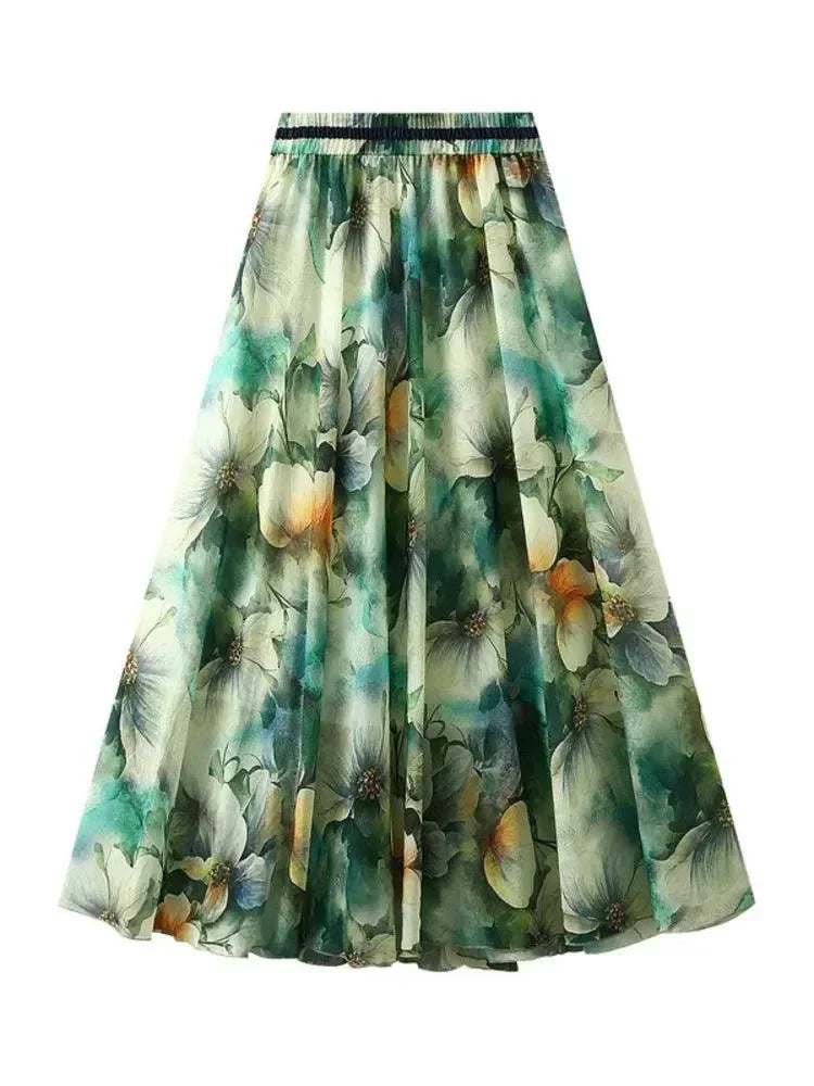 Women A-Line Skirt Print Lace-Up - Elastic Midi Women Skirt