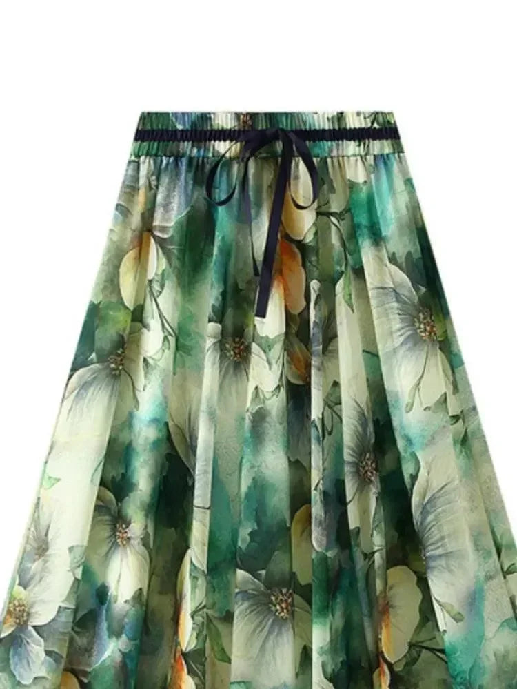 Women A-Line Skirt Print Lace-Up - Elastic Midi Women Skirt