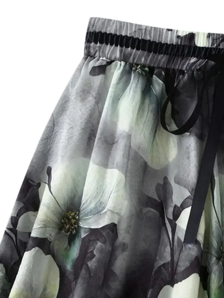 Women A-Line Skirt Print Lace-Up - Elastic Midi Women Skirt