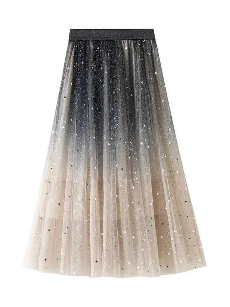 Women A-Line Skirt Sequin Tulle Gradient - High Waist Midi Women Skirt
