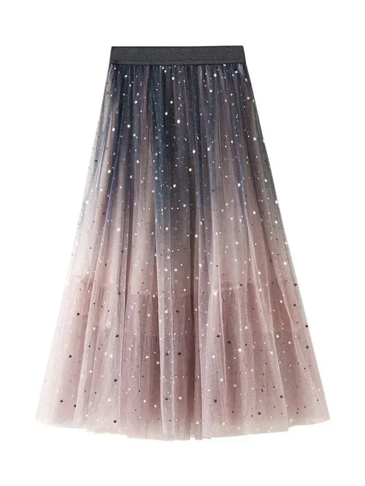 Women A-Line Skirt Sequin Tulle Gradient - High Waist Midi Women Skirt