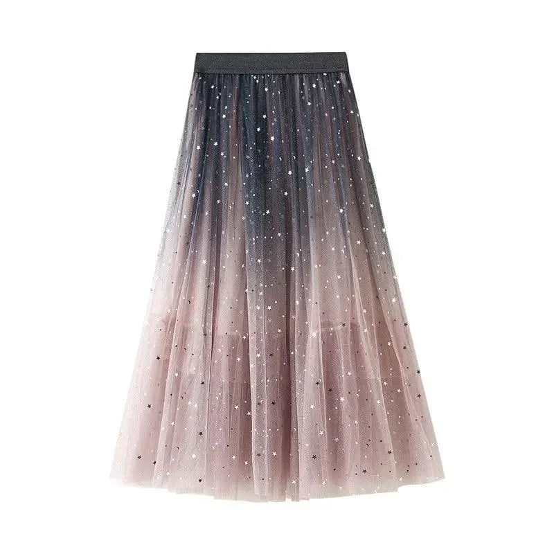 Women A-Line Skirt Sequin Tulle Gradient - High Waist Midi Women Skirt