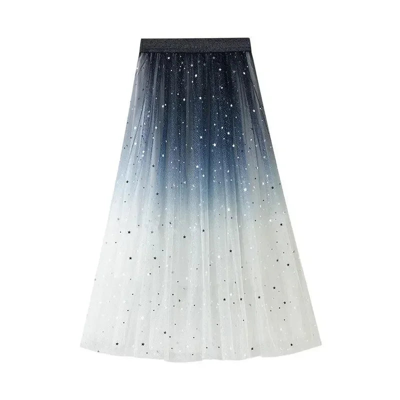 Women A-Line Skirt Sequin Tulle Gradient - High Waist Midi Women Skirt