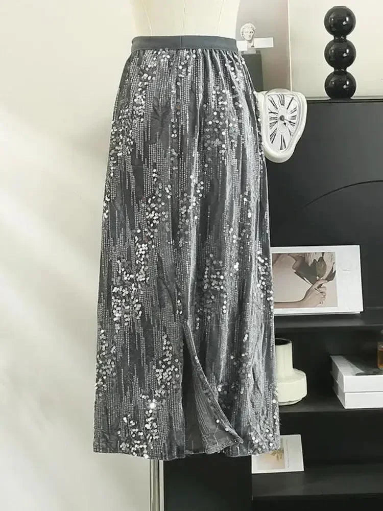 Women A-Line Skirt Sequined High Waist - Midi Women Skirt