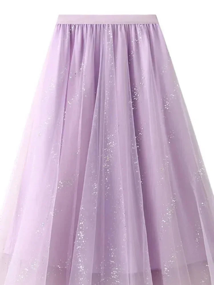 Women A-Line Skirt Sparkling Yarn - High Waist Midi Women Skirt