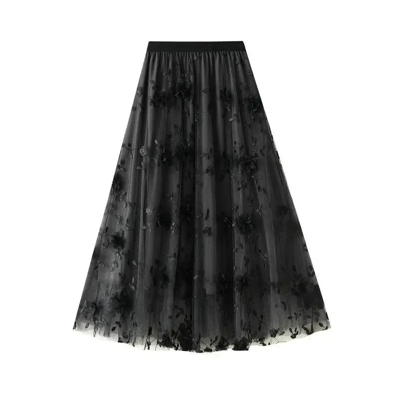 Women A-Line Skirt Vintage Embroidered - Mesh Midi Women Skirt