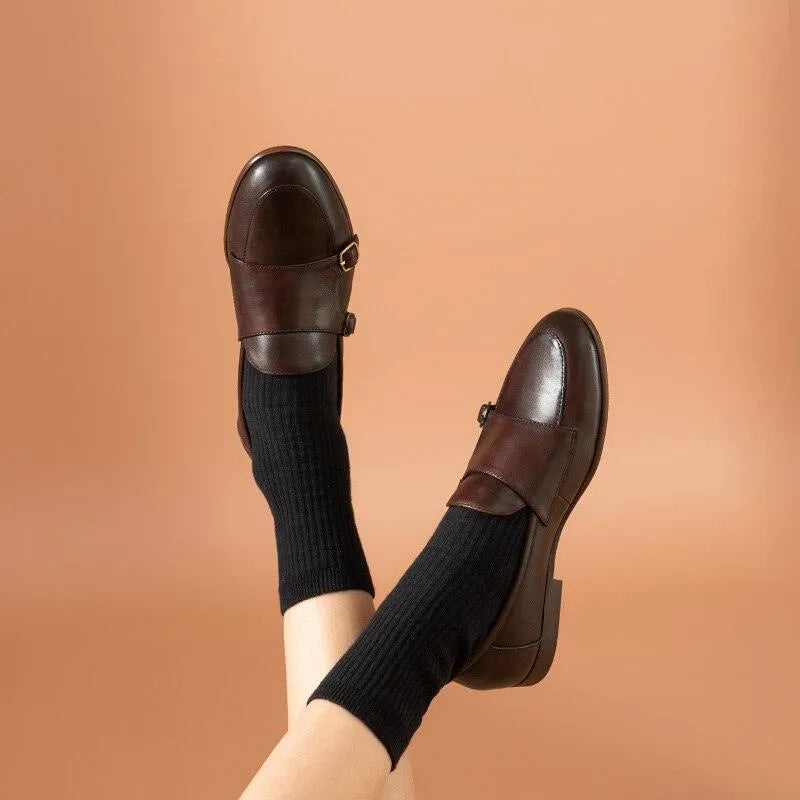 Women Apron Toe Dress Loafers - Buckles Straps Flat Shoes