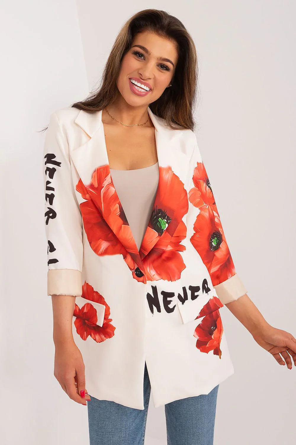 Women Blazer - Lightweight - Button - Beige, Multicolor, Red, Green, Black -Guocali