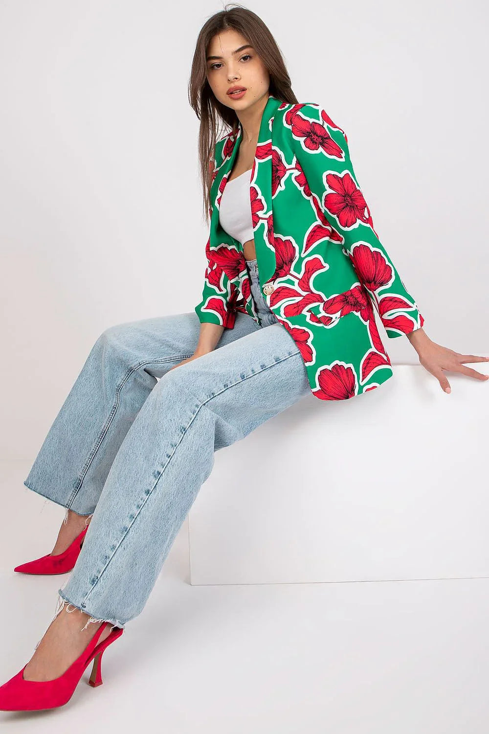 Women Blazer - Stretchable - Button, Red, White