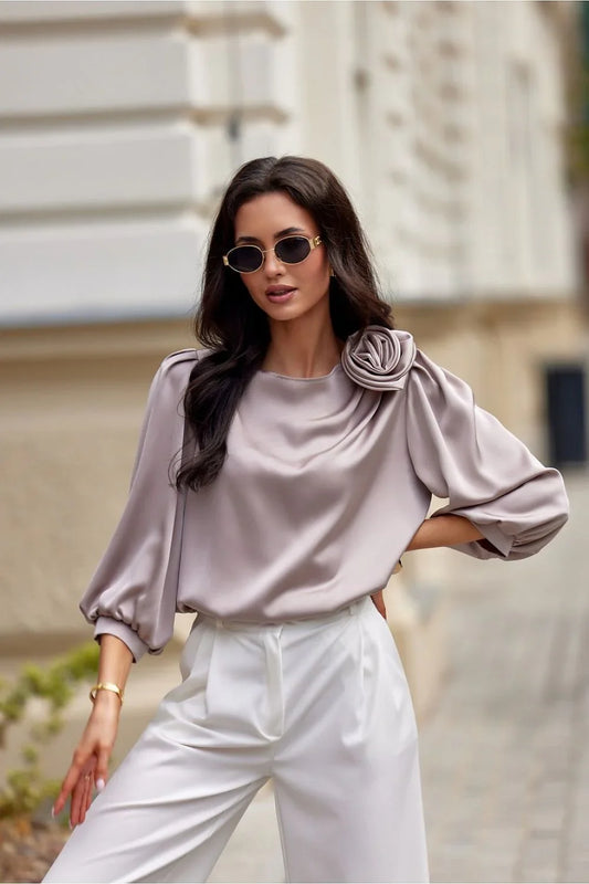 Women Blouse – Lightweight – Long Sleeve Beige -Guocali