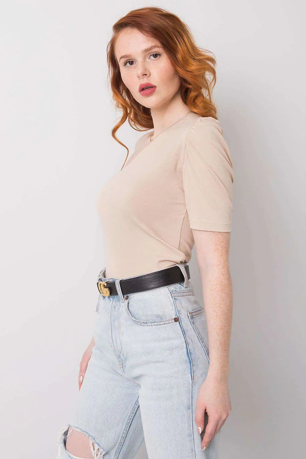 Women Blouse – Stretchable – Short Sleeve - Beige -Guocali